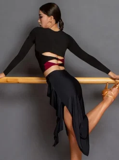 Latin Dance Costume Black Women's Polyester Top Skirt Backless Elegant Latin Dancer Dancing Wear
