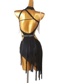 Latin Dance Costume Black Women's Rhinestones Fringe Backless Bodycon Sexy Polyester Dress Dancing Costume