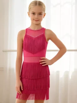 Latin Dance Costume Peach Girl's Polyester Dress Elegant Fringe Latin Dancer Dancing Wear