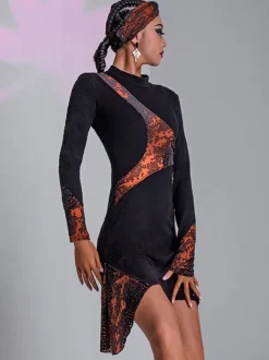 Latin Dance Dresses Black Women's Floral Print Asymmetrical Set Sexy Polyester Dress Dancing Costume