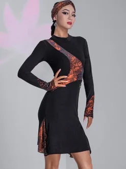 Latin Dance Dresses Black Women's Floral Print Asymmetrical Set Sexy Polyester Dress Dancing Costume