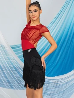 Latin Dance Dresses Coffee Brown Women's Polyester Skirt Top Sheer Elegant Fringe Ruffles Latin Dancer Dancing Costume