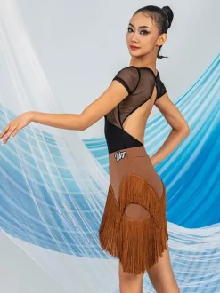 Latin Dance Dresses Coffee Brown Women's Polyester Skirt Top Sheer Elegant Fringe Ruffles Latin Dancer Dancing Costume