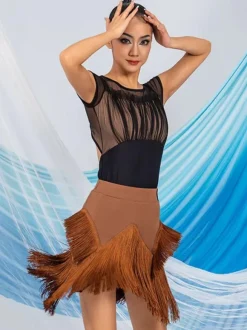 Latin Dance Dresses Coffee Brown Women's Polyester Skirt Top Sheer Elegant Fringe Ruffles Latin Dancer Dancing Costume