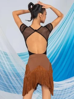 Latin Dance Dresses Coffee Brown Women's Polyester Skirt Top Sheer Elegant Fringe Ruffles Latin Dancer Dancing Costume
