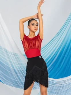 Latin Dance Dresses Coffee Brown Women's Polyester Skirt Top Sheer Elegant Fringe Ruffles Latin Dancer Dancing Costume