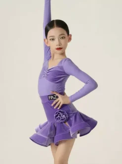 Latin Dance Dresses Purple Girls Women's Long Sleeves Shaping Dress Latin Dance Dresses