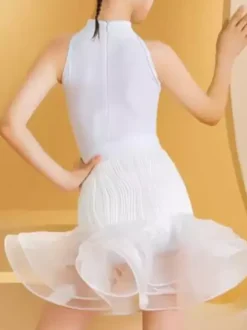 Latin Dance Dresses White Girl's Lycra Spandex Top Skirt Elegant Ruffles Dancing Wear