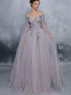 Lavender Prom Dress 2026 A-Line Bateau Neck Long Sleeves Tulle Floor-Length Formal Dresses Wedding Guest Dresses Free Customization