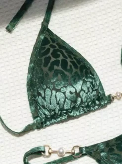 Leopard Bikini Set For Women - Halter Neck Pearl Hardware Top & Thong - Summer Yacht Resort Pool Party 2026