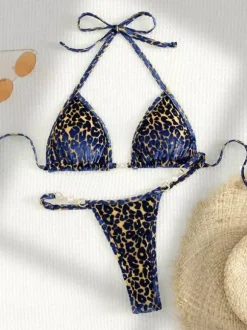 Leopard Bikini Set For Women - Halter Neck Pearl Hardware Top & Thong - Summer Yacht Resort Pool Party 2026