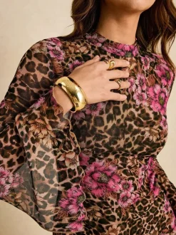 Leopard Floral Slit Flare Sleeve Mini Dress For Women 2026