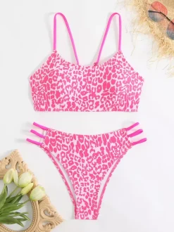 Leopard Print Bikini Set For Women - Neon Strappy 2Piece Swimsuit With Scoop Neck & Cutout Side Bottoms - Summer Beach 2026