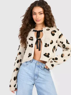 Leopard Print Crop Cardigan Tie Front Long Sleeve Knit Top For Women 2026