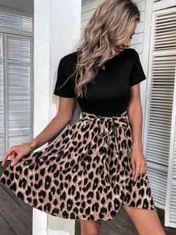 Leopard Print Mini Dress for Women - Jewel Neck A-line Short Sleeve Tie Waist Skater Dress - Summer Casual Streetwear 2026