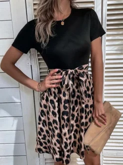 Leopard Print Mini Dress for Women - Jewel Neck A-line Short Sleeve Tie Waist Skater Dress - Summer Casual Streetwear 2026