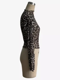 Leopard Print Mock Neck Lettuce Trim Mesh Slim Fit Skinny Top For Women 2026