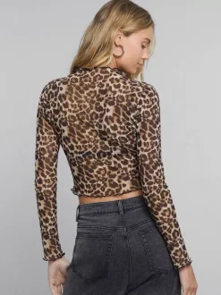 Leopard Print Mock Neck Lettuce Trim Mesh Slim Fit Skinny Top For Women 2026
