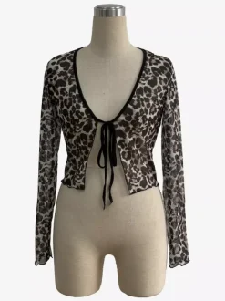 Leopard Print Tie Front Mesh Cardigan Long Sleeve Crop Top For Women 2026