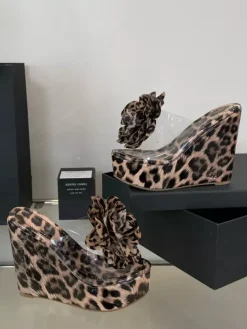 Leopard Wedge Sandals Platform Open Toe Flowers Detail Sandal Wedges