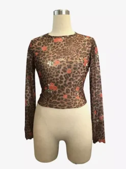 Leopard And Rose Floral Print Mesh Slim Fit Long Sleeve Crop Top For Women 2026