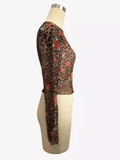 Leopard And Rose Floral Print Mesh Slim Fit Long Sleeve Crop Top For Women 2026