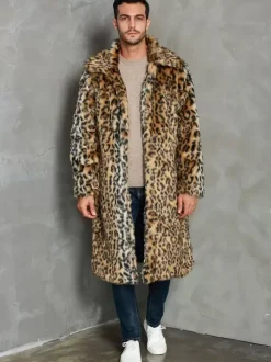 Leopard Long Men's Faux Fur Coat Winter Warm Long-Sleeved Jacket with Turn-Down Collar