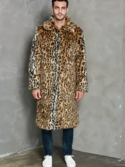 Leopard Long Men's Faux Fur Coat Winter Warm Long-Sleeved Jacket with Turn-Down Collar