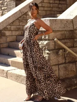 Leopard Maxi Sundress For Women - Animal Print Sexy Spaghetti Strap Flare Long Dress - Summer Beach Vacation 2026