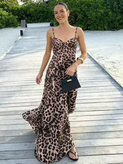 Leopard Maxi Sundress For Women - Animal Print Sexy Spaghetti Strap Flare Long Dress - Summer Beach Vacation 2026