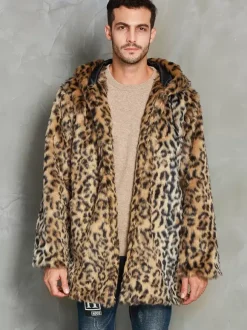 Leopard Men's Faux Fur Coat Winter Warm Long-Sleeved Jacket with Turn-Down Collar and Hood