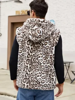 Leopard Men's Faux Fur Vest Winter Warm Sleeveless Jacket with Turn-Down Collar and Hood