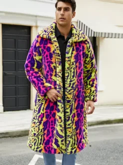 Leopard Pink Yellow Men's Faux Fur Coat Winter Warm Long-Sleeved Jacket with Turn-Down Collar