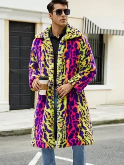 Leopard Pink Yellow Men's Faux Fur Coat Winter Warm Long-Sleeved Jacket with Turn-Down Collar