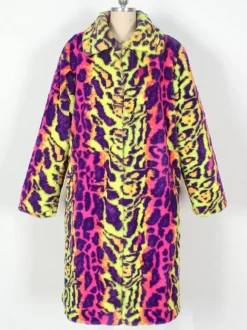 Leopard Pink Yellow Men's Faux Fur Coat Winter Warm Long-Sleeved Jacket with Turn-Down Collar