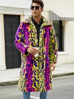 Leopard Pink Yellow Men's Faux Fur Coat Winter Warm Long-Sleeved Jacket with Turn-Down Collar