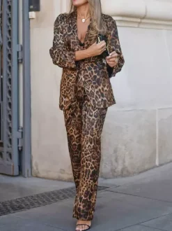 Leopard Print Belted Blazer And Wide Leg Pants Set For Women - Notch Lapel Long Sleeve Co-ord Suit - Spring Streetwear 2026