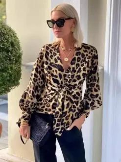 Leopard Print Blouse With Tie Detail V-neck Lantern Sleeves Top For Women 2026