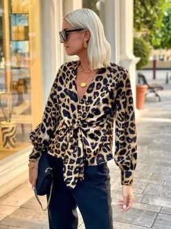 Leopard Print Blouse With Tie Detail V-neck Lantern Sleeves Top For Women 2026