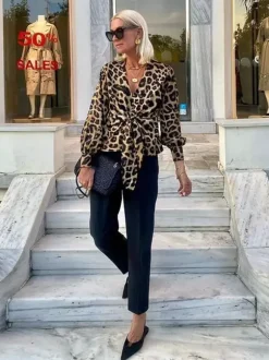 Leopard Print Blouse With Tie Detail V-neck Lantern Sleeves Top For Women 2026