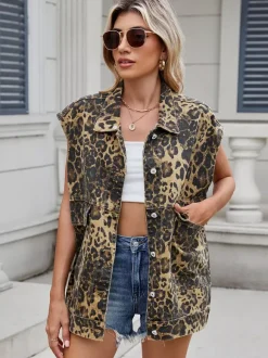 Leopard Print Denim Vest For Women - Animal Pattern Oversized Sleeveless Jean Jacket Coat - Spring Summer Streetwear 2026