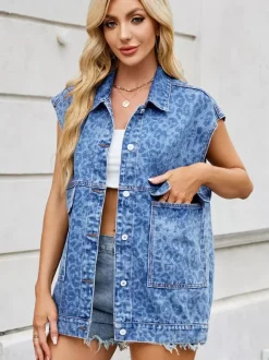 Leopard Print Denim Vest For Women - Animal Pattern Oversized Sleeveless Jean Jacket Coat - Spring Summer Streetwear 2026