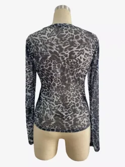 Leopard Print Long Sleeve Mesh Slim Fit Crew Neck Top For Women 2026