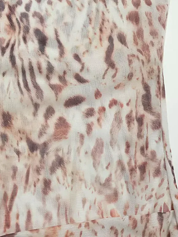 Leopard Print Mesh Mini Dress For Women - Mock Neck Long Sleeve Draped Train Bodycon - Spring Night Out Club Party 2026