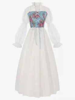Light Apricot Retro Costumes Floral Print Dress Costume Vintage Party Prom Dress