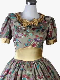 Light Brown Retro Tudor Dress Costumes Women's Floral Print Ruffles Bows Polyester Tunic Dress Marie Antoinette Costume Royal Vintage Clothing
