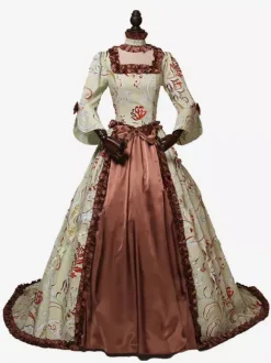 Light Brown Retro Tudor Dress Costumes Ruffles Polyester Dress Women's Retro Marie Antoinette Costume Tunic Vintage Clothing