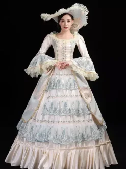 Light Green Retro Tudor Dress Costumes Lace Marie Antoinette Costume Polyester Floral Print Hat Women's Euro-Style Tunic Vintage Clothing