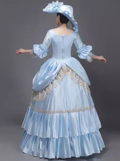 Light Sky Blue Retro Tudor Dress Costumes Lace Polyester Hat Women's Marie Antoinette Costume Royal Tunic Masquerade Ball Gown