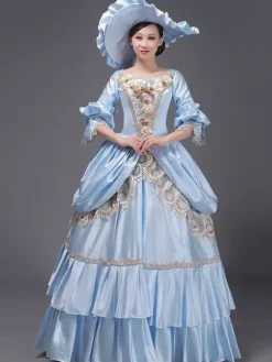 Light Sky Blue Retro Tudor Dress Costumes Lace Polyester Hat Women's Marie Antoinette Costume Royal Tunic Masquerade Ball Gown